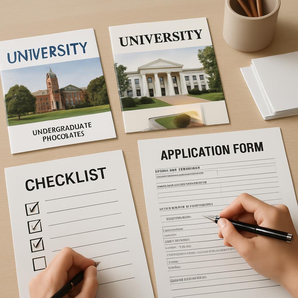 Personalized stationary with University, Checklist, and Application forms for a graphic designer.