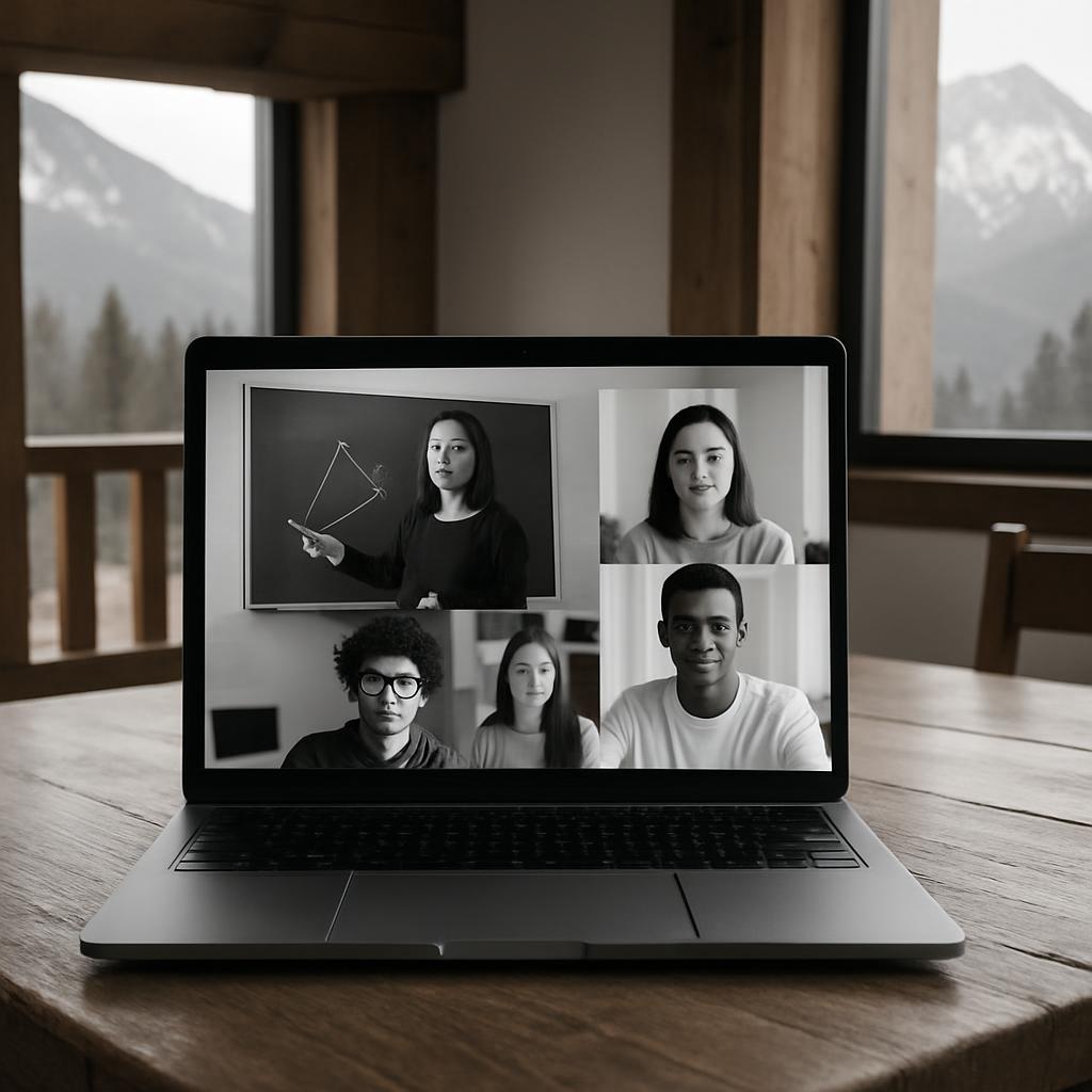 A laptop displaying a video call on its screen, set against a background featuring wooden furniture and large windows with...