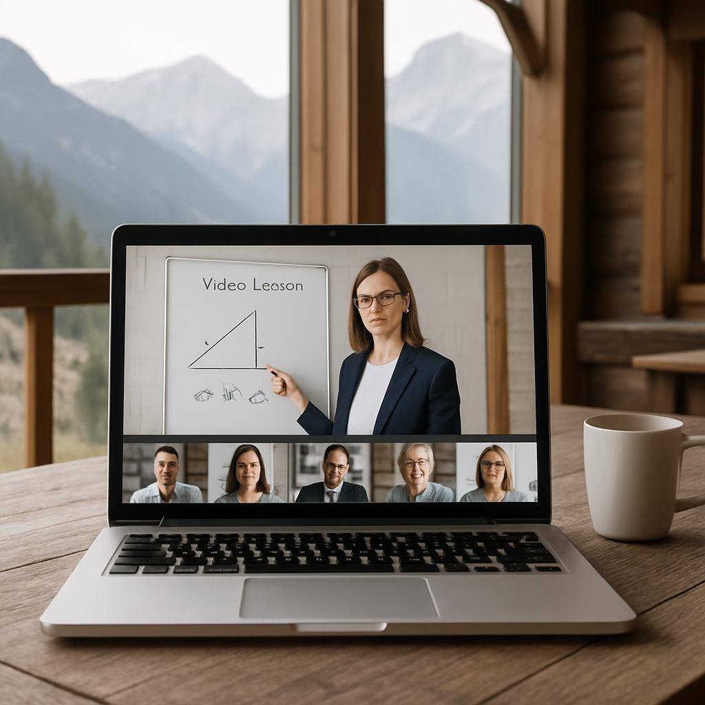 A laptop sits on a wooden table, displaying a woman in a jacket pointing to a marker board with sharpies that say "Video L...