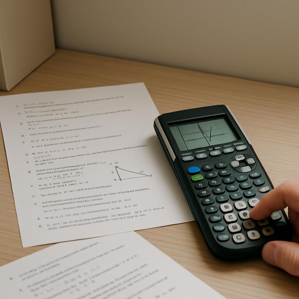 A person is working on math problems at a table using a calculator and a piece of paper with an equation on it.