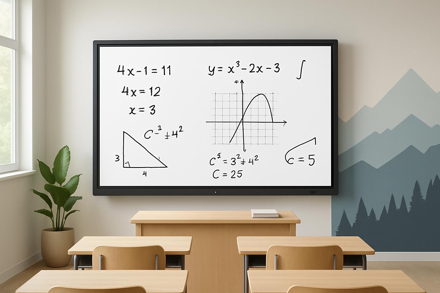A classroom with a television displaying complex math equations.