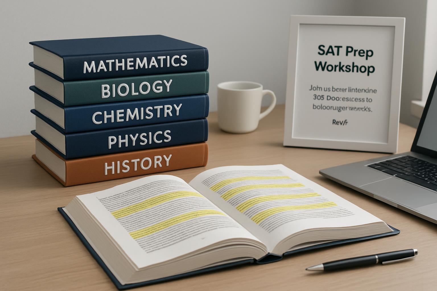 A workspace with a stack of books, a laptop, an open book, and a framed sign that says "SAT Prep Workshop".
