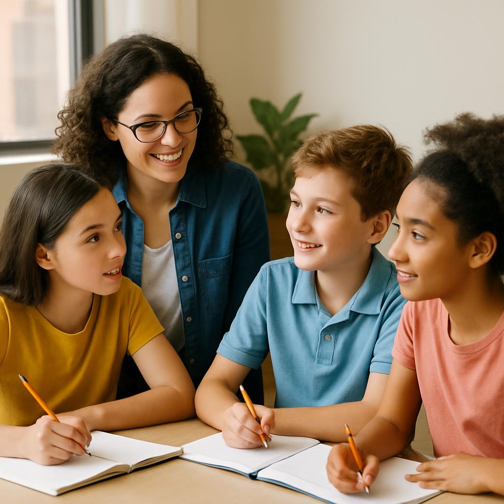 A woman stands behind three young students as they sit at a desk and work on their schoolwork. The girl, wearing a yellow ...